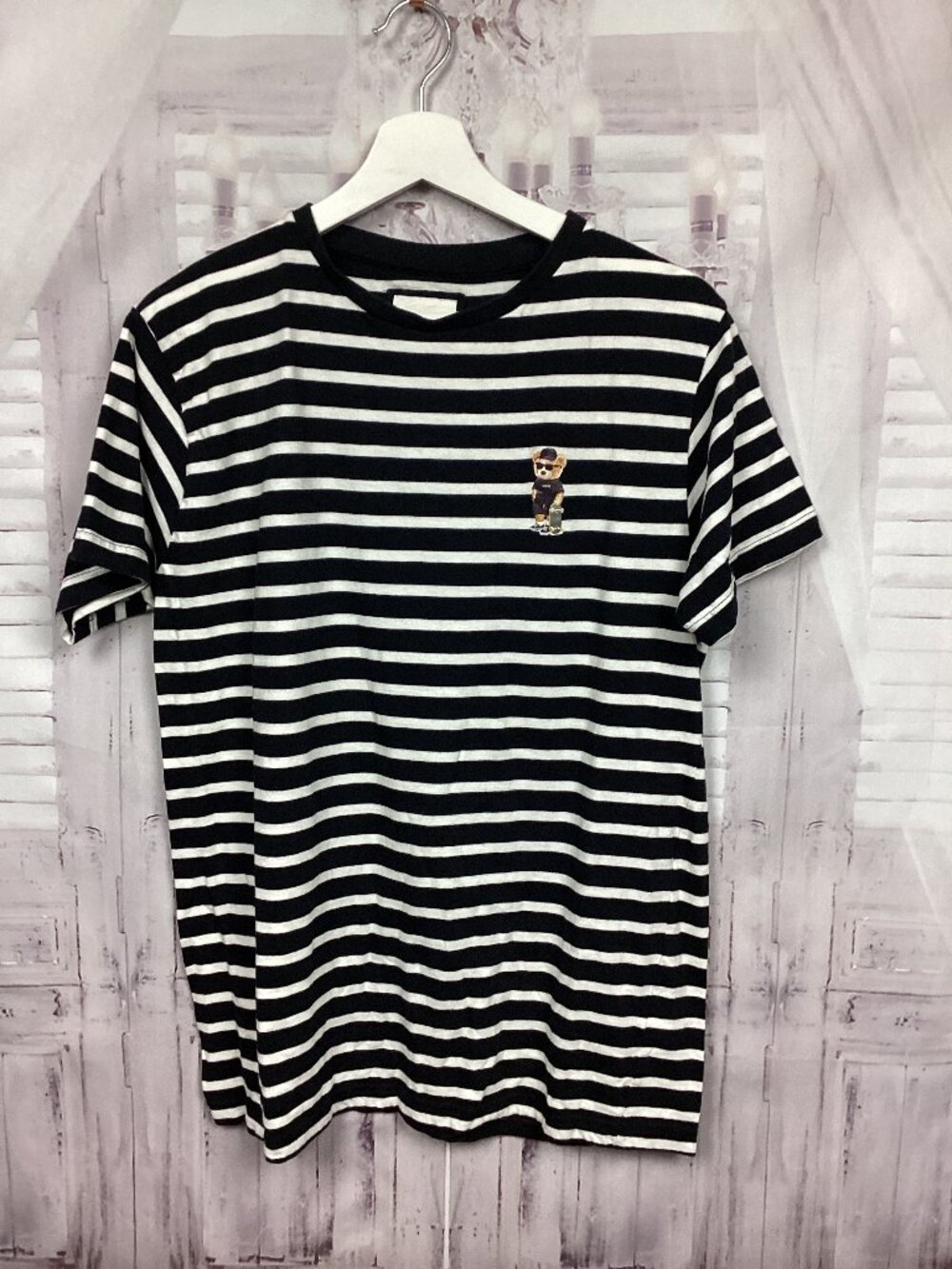 Denim & Flower Striped Top Short Sleeve Tee Skateboarding Bear Icon M